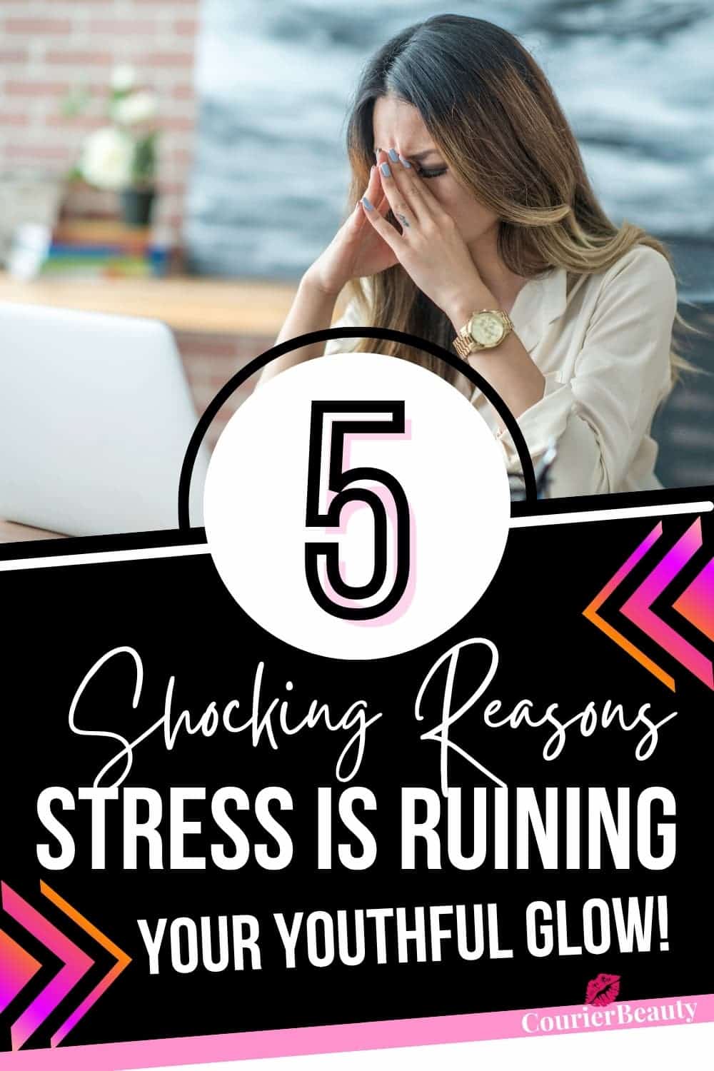 Woman feeling stressed at work, not realizing stress can accelerate skin aging.