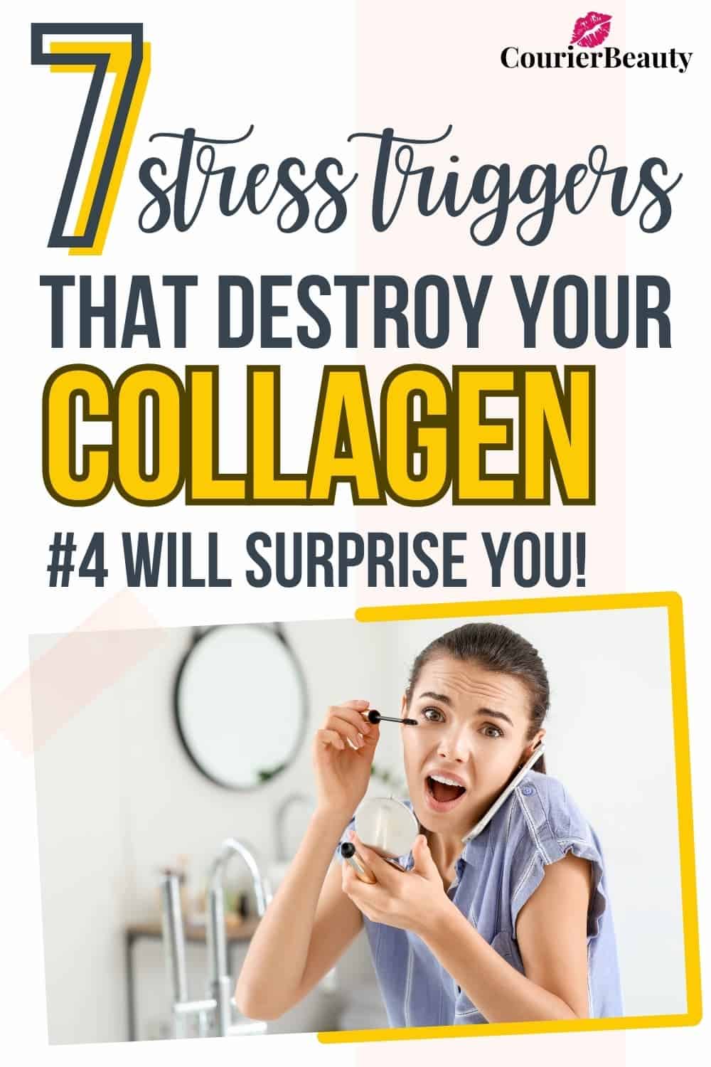 Woman rushing with makeup in bathroom, illustrating how stress can harm collagen production.