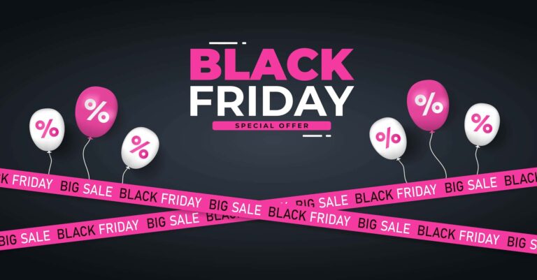 Purple ribbons for black friday sale deals on black background with balloons and warning tapes.