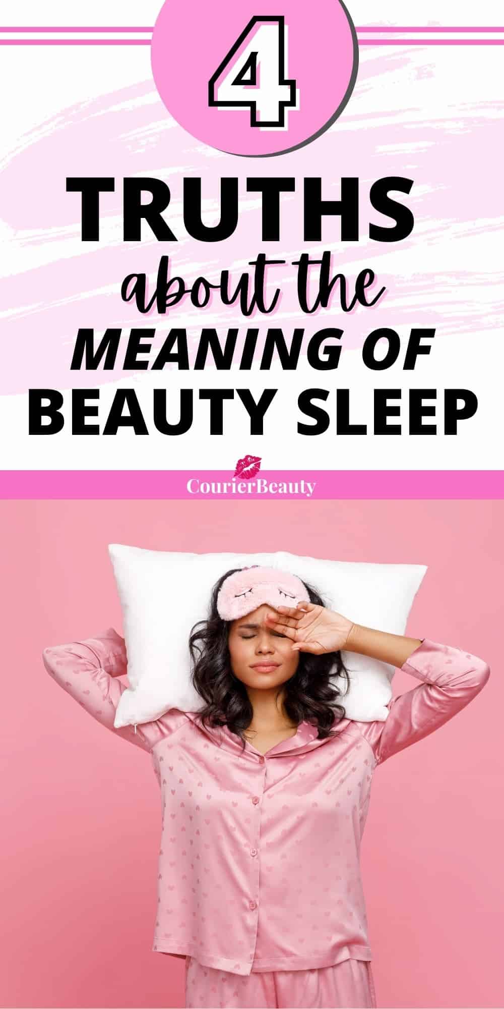 A woman in pink pajamas stands against a pink background, looking cranky from poor sleep and unaware of the meaning and importance of beauty sleep.