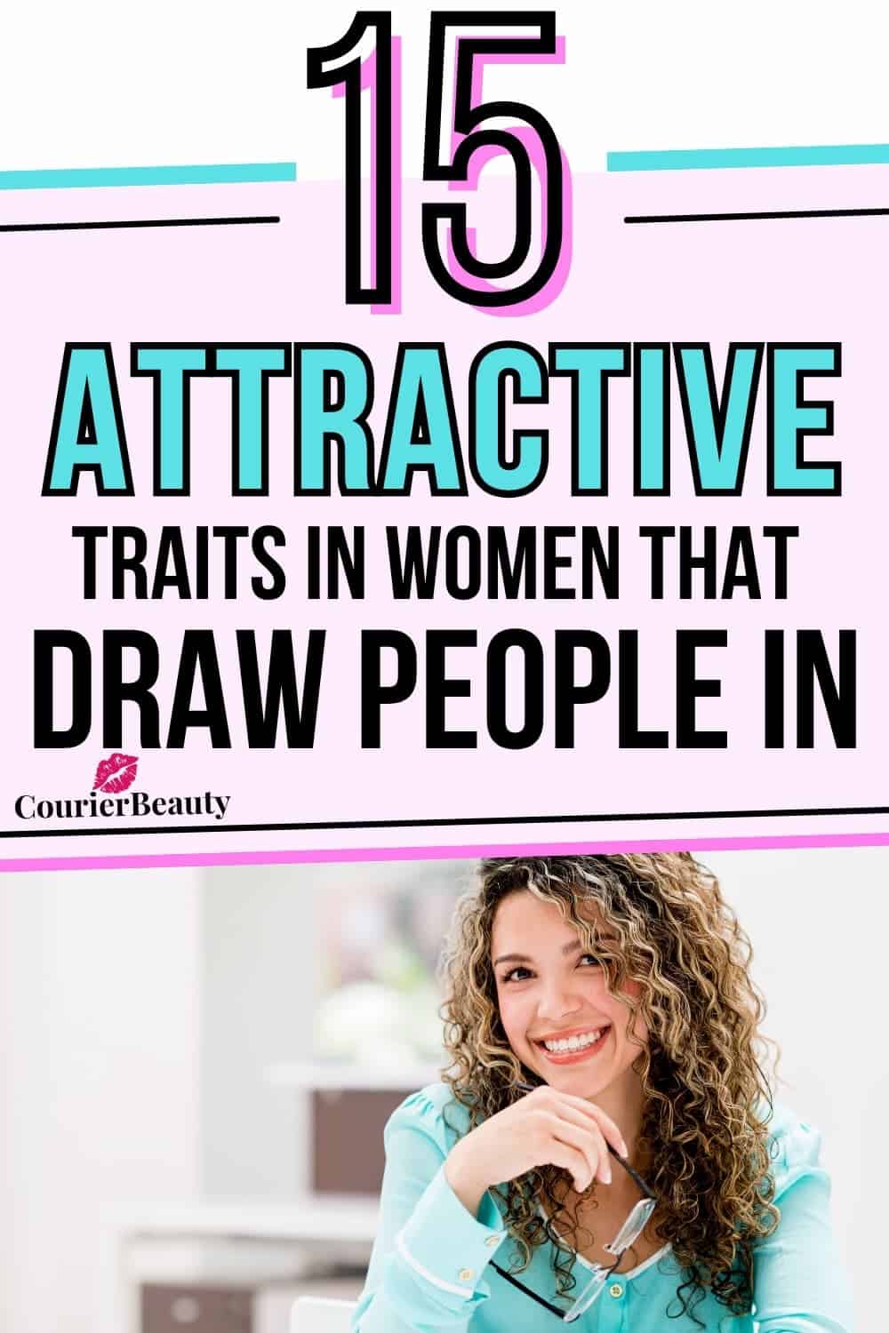 A woman in a blue blouse smiles brightly, showcasing one of the many attractive traits in women that’s often overlooked.