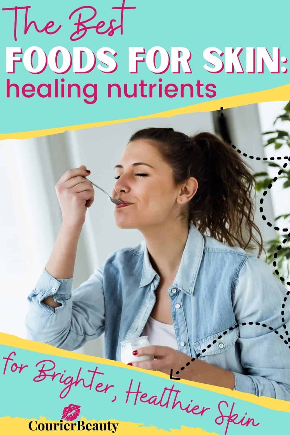 A woman eats creamy yogurt, one of the best foods for skin thanks to its gut- and glow-boosting nutrients.