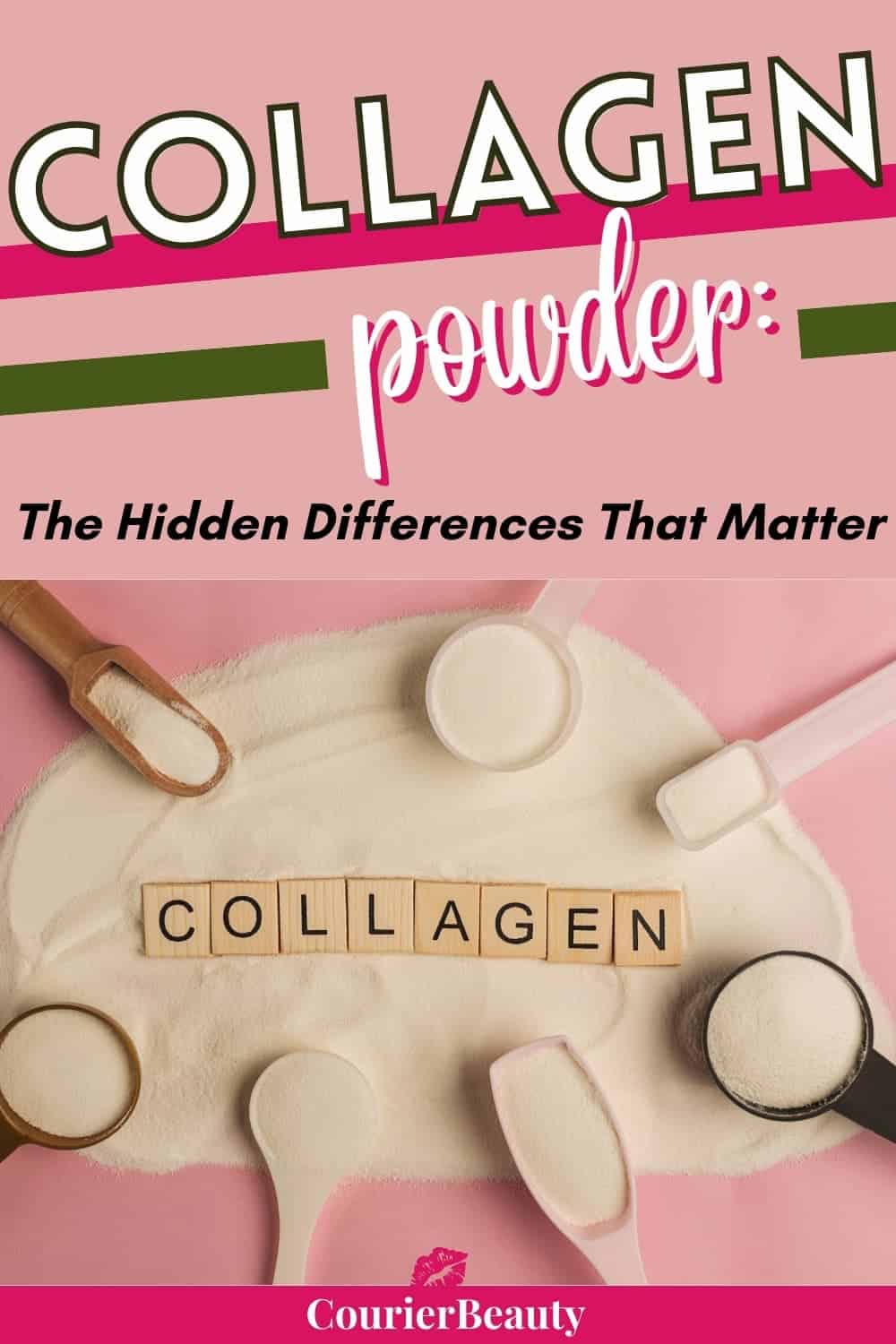 Scoops of collagen powder arranged on a pink background with wooden letters spelling “Collagen” highlight a popular supplement for skin and joint support.