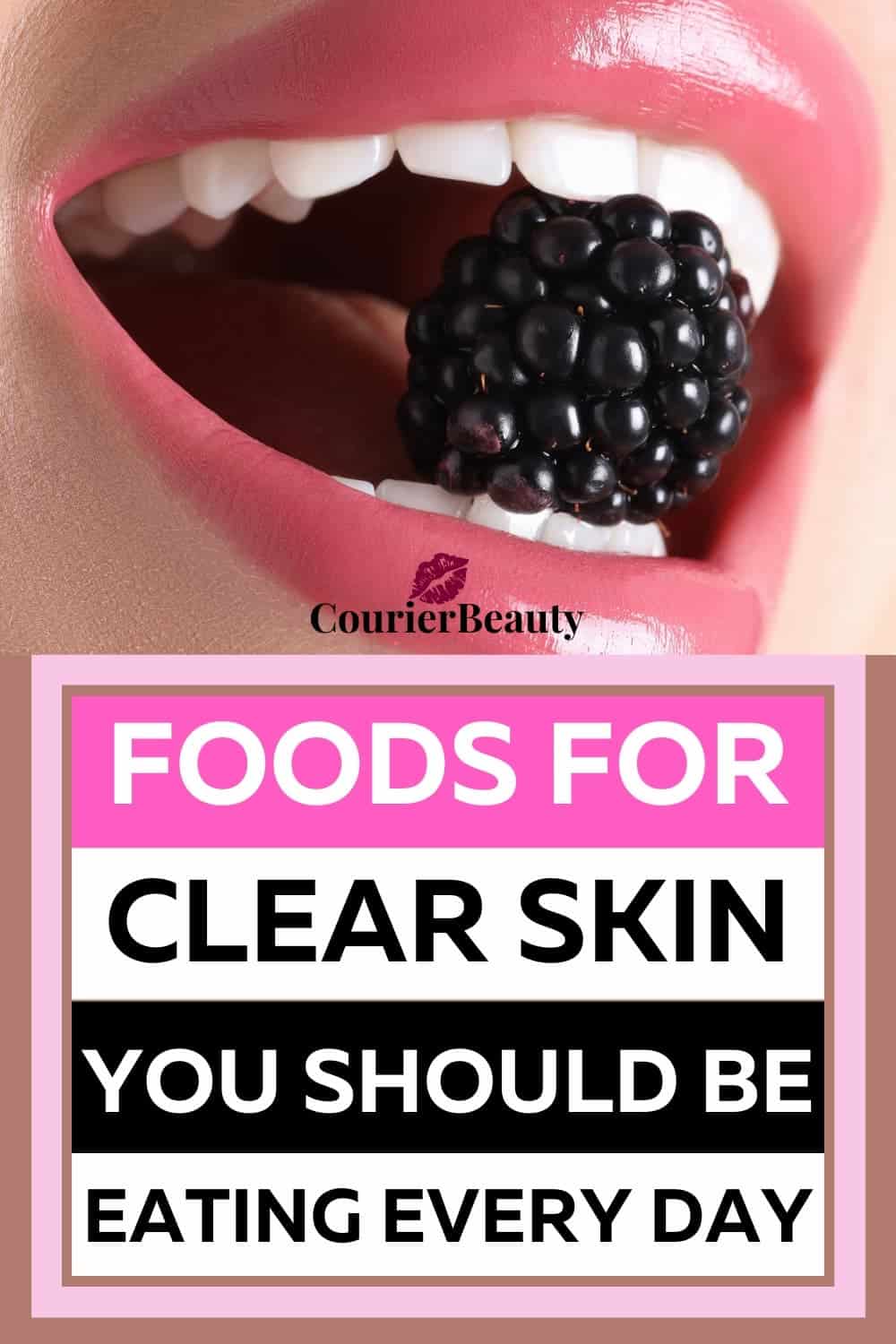 Glossy lips bite into a ripe blackberry, featuring antioxidant foods for clear skin that help protect the complexion.