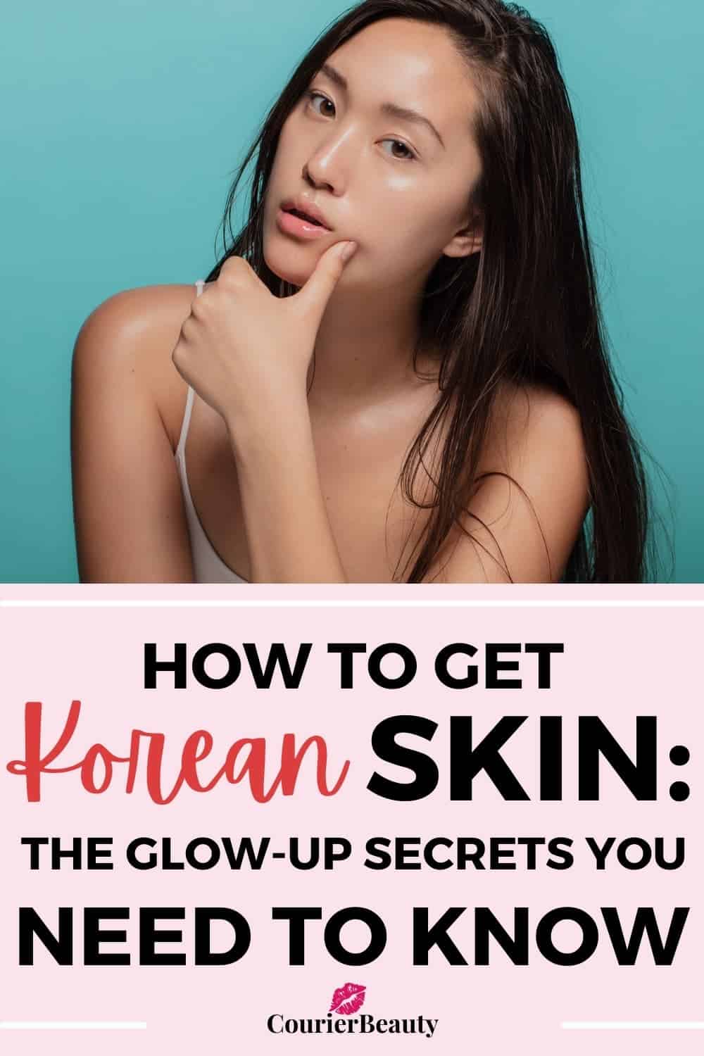 An Asian woman touches her chin thoughtfully, highlighting smooth, healthy Korean skin.