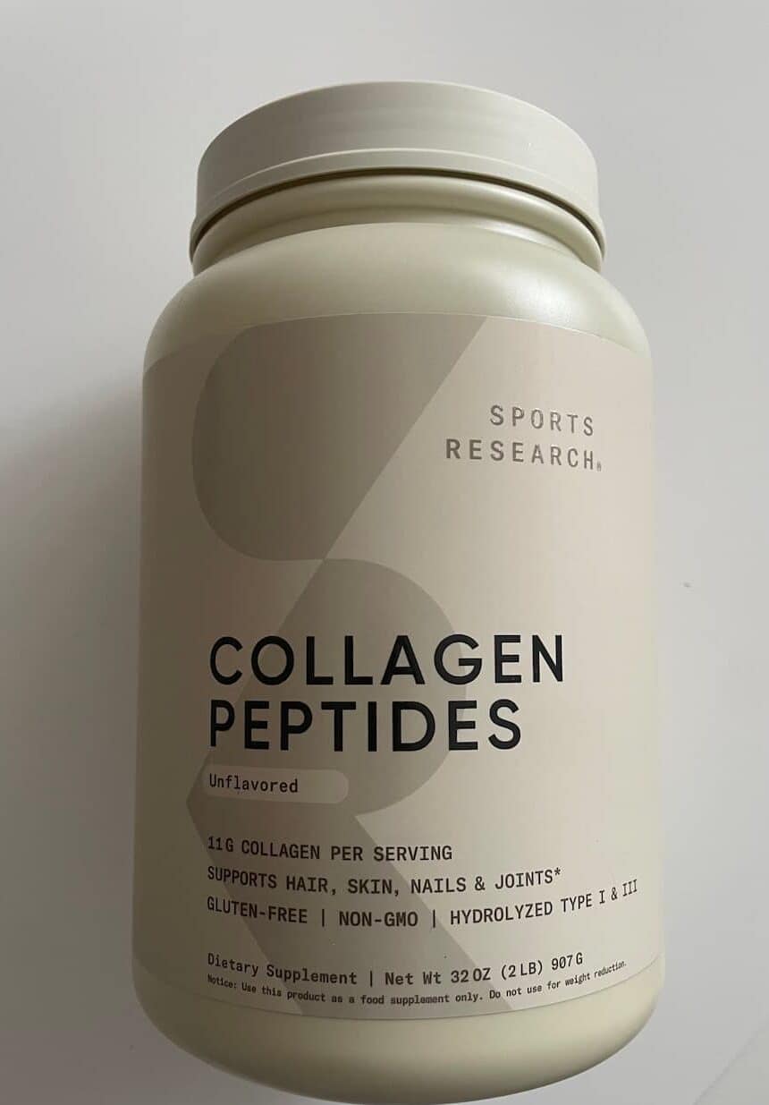 Sports Research Collagen Peptides unflavored on a white background.