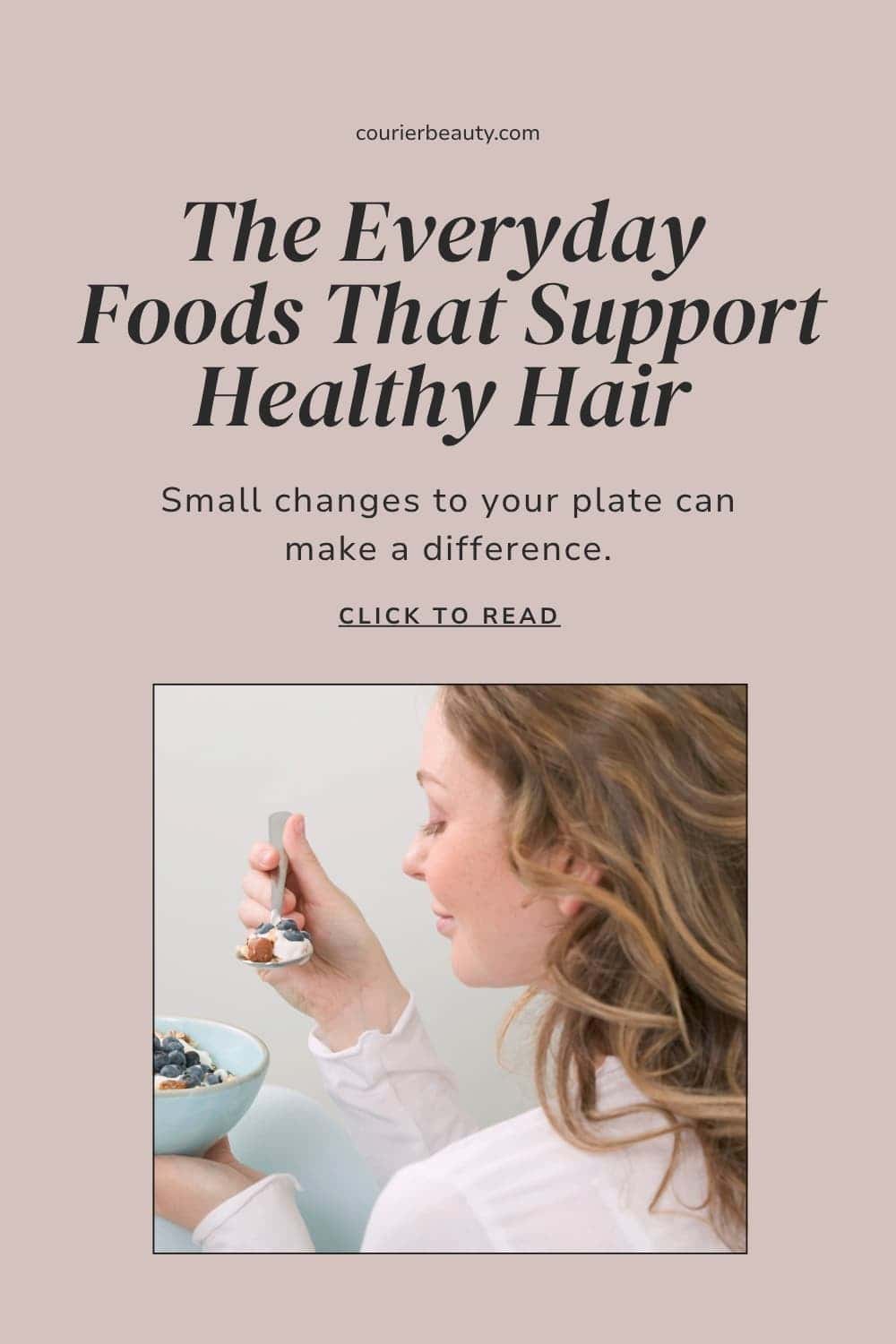 A woman eats a bowl of cereal with blueberries and almonds.