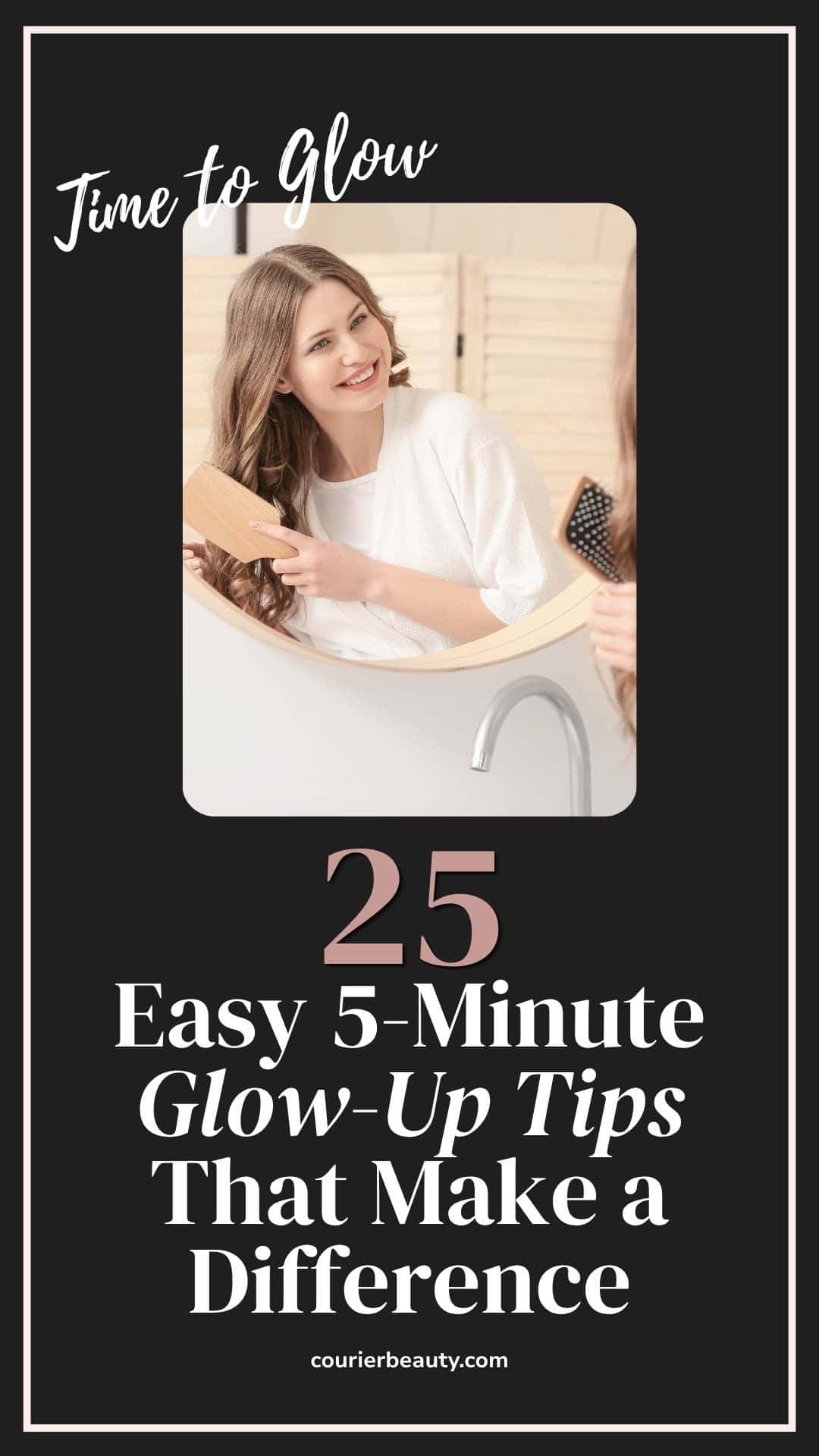 A smiling woman brushes her hair in front of a mirror.