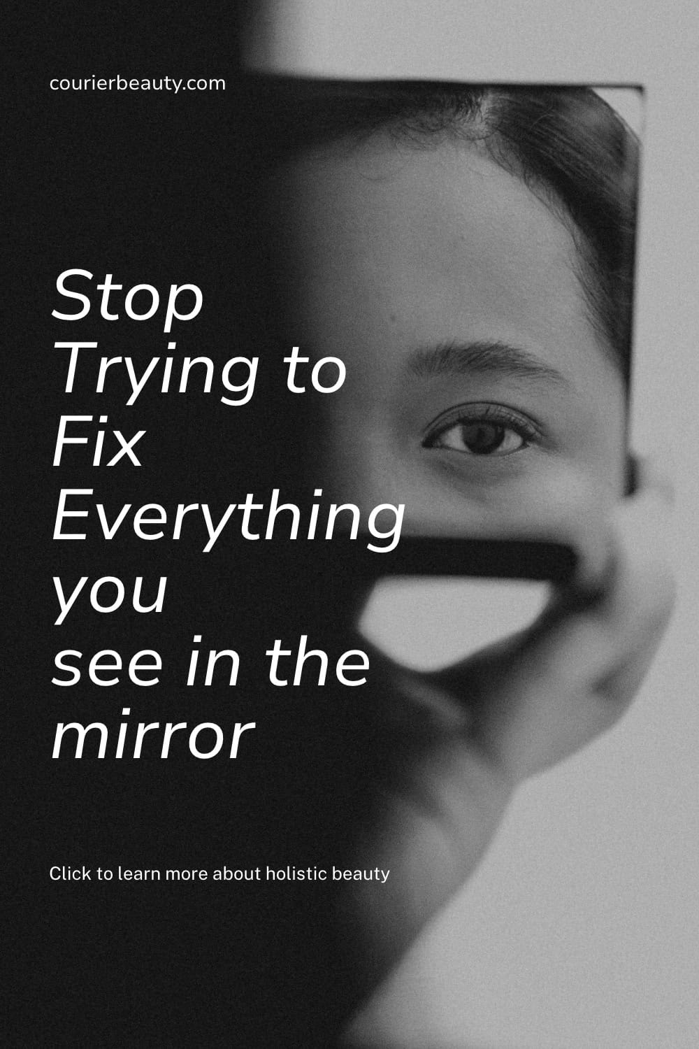 A striking black and white portrait captures a woman's eye reflected in a mirror, partially obscured by shadow.