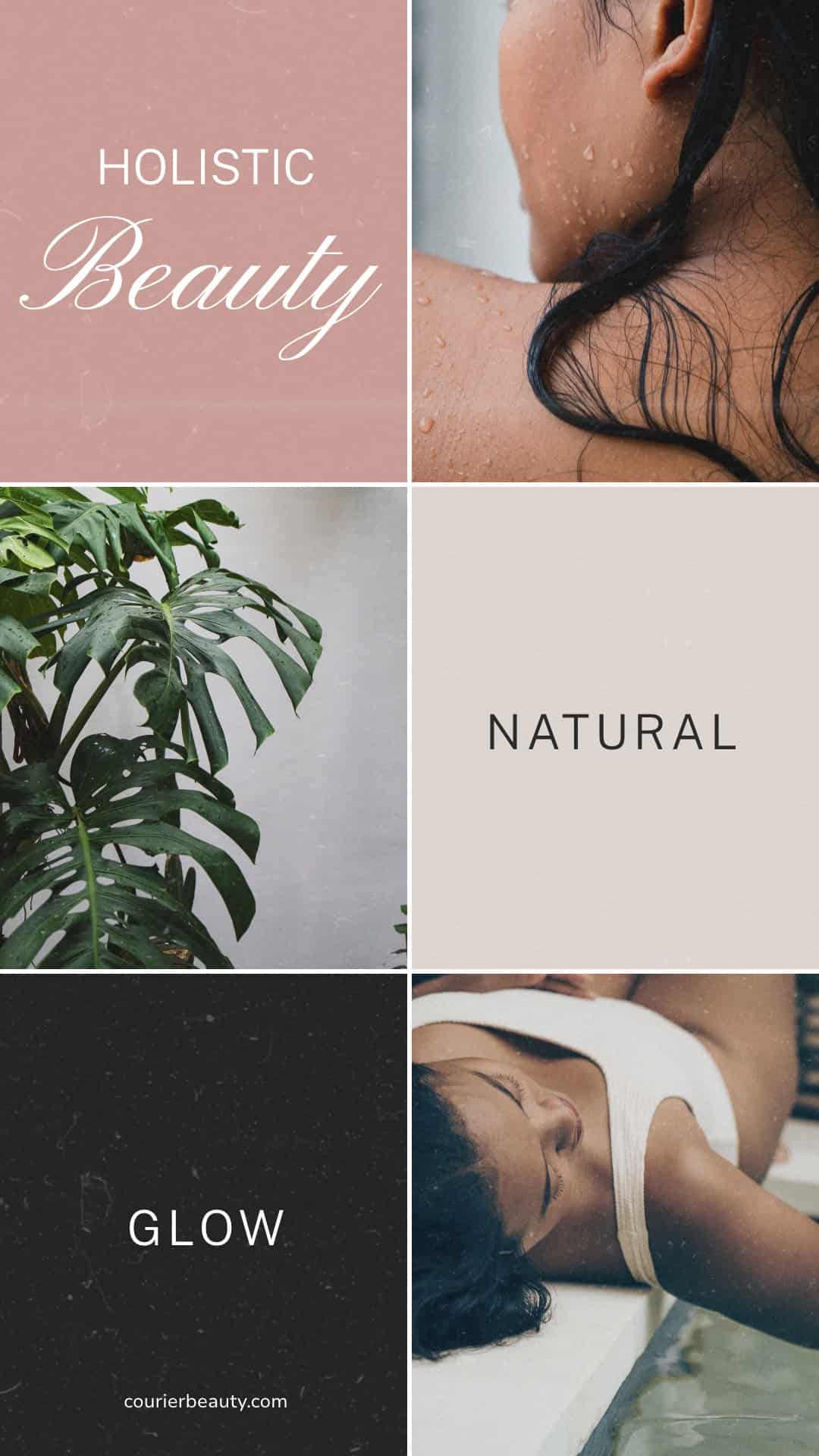 A tropical mood board featuring plants and a woman with sun-kissed skin in a lush setting.